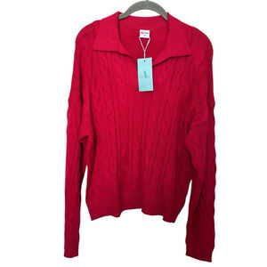 NWT WIHOLL Red Cable-Knit Collared V Neck Pullover Sweater Women Size M-L